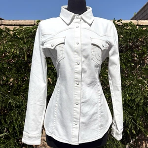 True Religion Western Denim Shirt M Winter white/Pearl Snap Long Sleeve Shacket - Picture 1 of 15