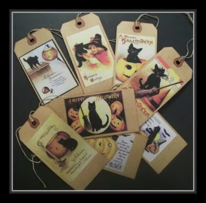 PRIMITIVE HALLOWEEN BLACK CAT HANG TAGS - EIGHT OLD POSTCARD DESIGNS - NEW - Picture 1 of 4
