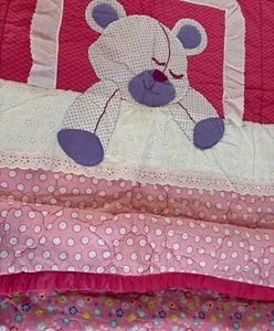 Handmade Baby/Toddler Pink Quilt with Purple White Bear Lace ruffle 40 X 58 in - Picture 1 of 6