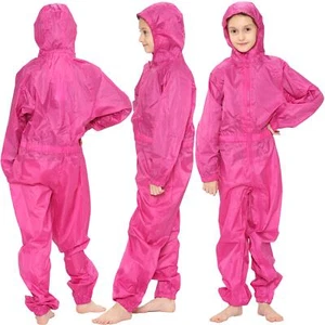 Girls Boys Raincoat Kids Pink Puddle Suit All in One Waterproof Hooded Rainsuit - Picture 1 of 8