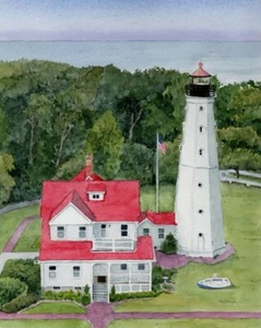 North Point Lighthouse, Milwaukee, Wisc. Aerial Portrait. Watercolor Art Prints - Picture 1 of 2