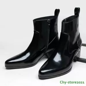 Scarpe da lavoro uomo vera pelle zip tacco a blocco eleganti formali stivaletto a punta - Foto 1 di 14