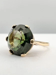 Vtg 14K Yellow Gold Fancy Faceted Round Cut Synthetic Forest Green Spinel Ring - Picture 1 of 7