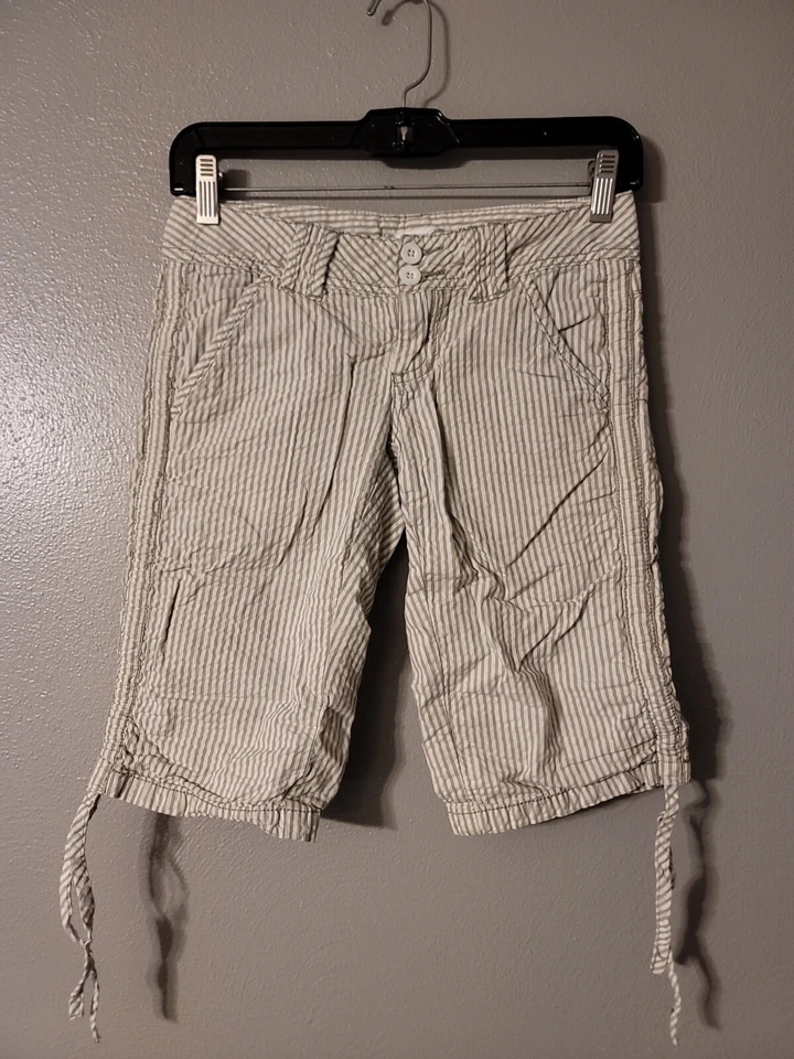 American Rag Green Striped Textured Tie Hem Shorts Bermuda Size 0 100% Cotton  - Image 1 of 4