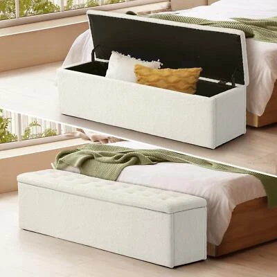 Oikiture Storage Ottoman Blanket Box Foot Stool XL Chest Toy Sherpa Linen White - image 1 of 4