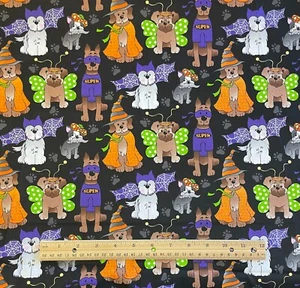 Fabric Halloween Dogs Costumes Bright Colors on Black 100% Cotton Quilt 31" NEW - Picture 1 of 1
