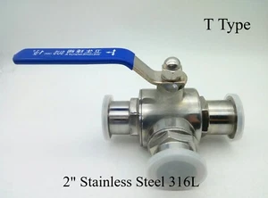 Three way T Type Clamp Connection Sanitary Ball valve 2" Stainless Steel 316L - Picture 1 of 4