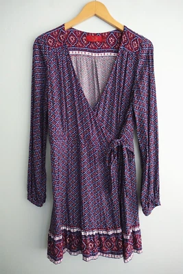 Tigerlily Wrap Dress Womens 12 Blue Red Batik Long Sleeve Gypsy Boho Peasant - image 1 of 4