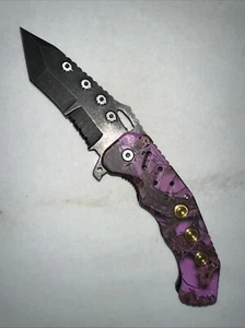 Purple / Pink CAMO & GOLD BRASS E-Z OPEN Spring Open Assisted Pocket Knife - Picture 1 of 1