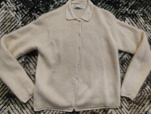 Valerie Stevens Ivory Lambswool Angora Collared Button Cardigan Sz Medium As Is - Picture 1 of 13
