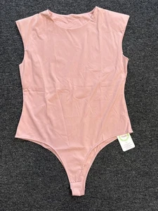 Women Sleeveless Pads Shoulder Bodycon Bodysuit Tank Top Pink Size XL - Picture 1 of 7