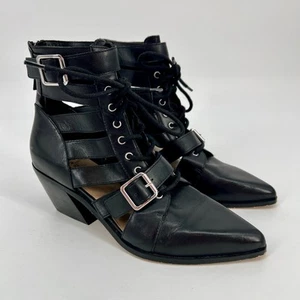 Villa Rouge Yara Cage Bootie Womens 7 Black Leather Buckle Pointed Toes Lace Up - Picture 1 of 12
