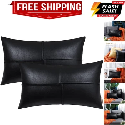 Faux Leather Throw Pillow Covers 12 X 20 Inches, Black Leather Lumbar Pillow ... - Image 1 of 4