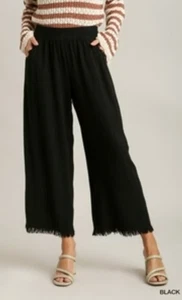 Umgee + Linen Pants Womens Wide Leg Boho Fringe Hem Elastic Waist Sz 2XL - Picture 1 of 12