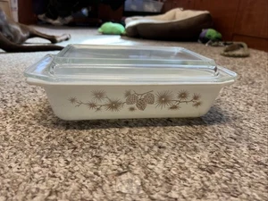 Vintage 1960er Pyrex Gold Tannenzapfen Design Auflaufform 575-B mit Deckel 2 QT - Bild 1 von 17