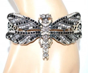 Bracciale donna libellula argento a molla elastico strass bianchi neri UA14 - Foto 1 di 3