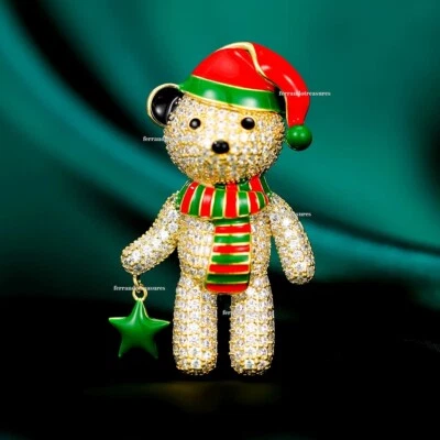 Oso Navidad Sombrero Bufanda Cristal Estrás Broche Prendedor con Bolsa Dorada - VIDEO Foto 1 de 4
