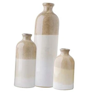  Beige Vase Set, Rustic Farmhouse Ceramic Vases for Mantel Beige and White - Picture 1 of 7