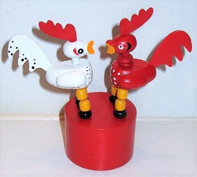 ВИНТАЖНАЯ ДЕРЕВЯННАЯ ВСПЛЫВАЮЩАЯ ИГРУШКА Петух Курица Брачный Танец КАК НОВОЕ СОСТОЯНИЕ ТОВАРА Shackman Co. - Изображение 1 из 2