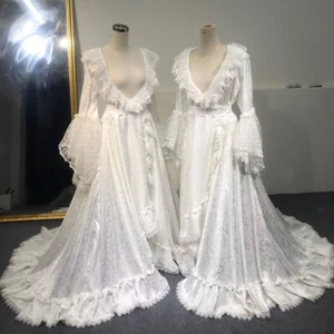 Vintage White Ivory Wedding Dresses Long Sleeves Court Train Bridal Gowns - Picture 1 of 9