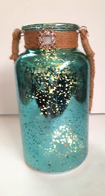 Large Mercury Glass Teal Aqua Lantern Hanging or Tabletop with Fairy Lights  - Image 1 of 4