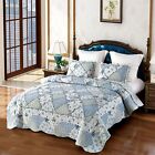 Vivilinen Blue Floral Patchwork Quilt Set, Full Queen Size, 3 Piece Bedding Set