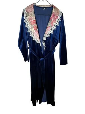 Bata de Terciopelo Azul Aria Vintage Floral Encaje Romántico Talla Mediana Larga por1 Foto 1 de 4
