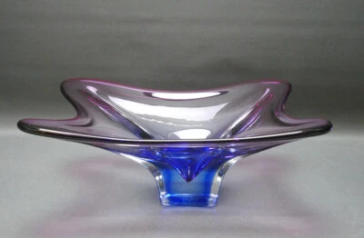 50er Jahre Glasschale, gezogenes Glas, violett, blau, böhmisch, 32,0 x 23,0 cm - Bild 1 von 4