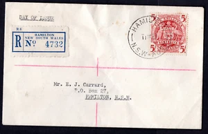 1949 Commonwealth Coat of Arms Emu & Roo  Australia  5/- Hamilton Registered FDC - Picture 1 of 5