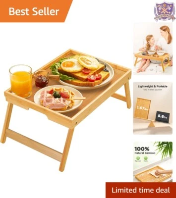 Bamboo Bed Tray Table 11"x16" Smooth Handles Foldable Legs Portable Snack Desk - Image 1 of 4