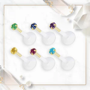 14K Solid Gold Push in Top Gemstone PTFE 16G Flexbile Flat Back Labret Studs - Picture 1 of 13