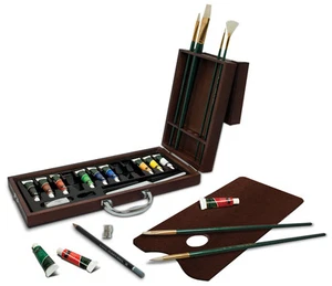 Artist Premier Deluxe Oil Colour Paint & Brushes Wooden Box Travel Painting Set - Picture 1 of 3
