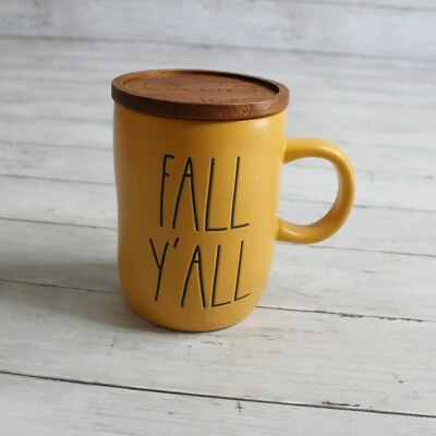 Taza de café Rae Dunn Fall Y'all dorado amarillo marrón tapa de madera para bodega Foto 1 de 4