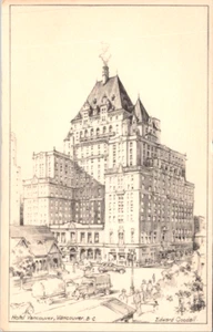 Hotel Vancouver 1939 Grand Railway Edward Goodall Artist Pencil Drawing Postcard - Imagen 1 de 2
