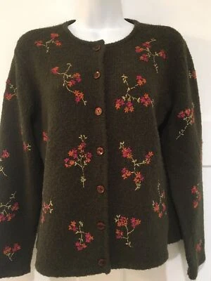 PETITE SOPHISTICATE Sz M Green embroidered button down acrylic/wool sweater - Image 1 of 4