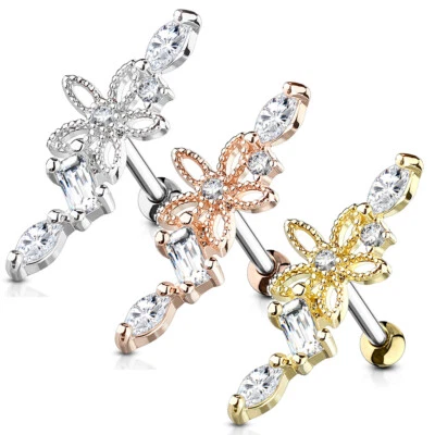 Helix Piercing Acciaio Inox Orecchini Vino Rebe Fiore Zirconia Argento Rosa - Immagine 1 di 3