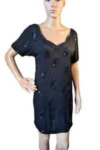 Vintage Charlotte Halton Little Black Cocktail Beaded Dress Size UK 8 10 LBD - Picture 1 of 13