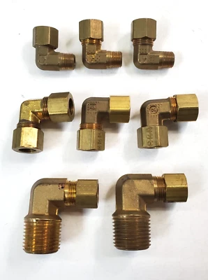 ASSORTED 90° BRASS ELBOW UNION COMPRESSION LOT OF 8 - Image 1 of 4