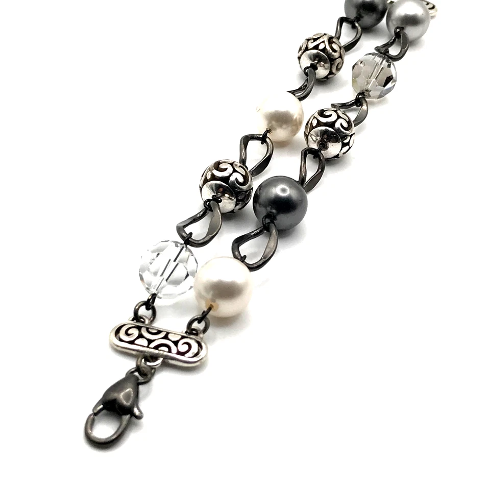 Brighton Chain Link Bracelet Blackened Silver Plate Faux Pearls White & Black - Image 1 of 4