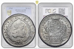 Germany, Wurttemberg, 20 Kreuzer 1763, Mule, Very Rare, Top Pop, PCGS AU 58 - Picture 1 of 8