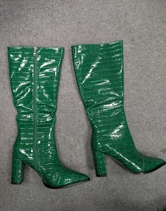 Green Croc Effect Knee High Block Heel Zipped Boots Size 8 (T11) - Picture 1 of 7