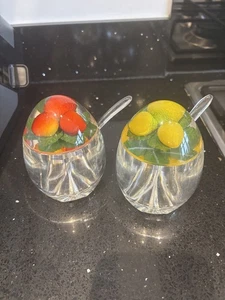 Vintage lemon & Strawberry Jam Pots with Spoons Circa 1970s Lucite Rare UK x2 VG - Picture 1 of 4