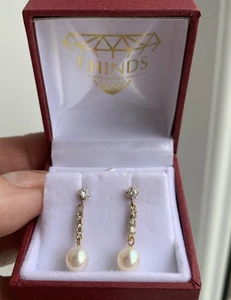 F Hinds Pearl & Cubic Zirconia Drop 9ct gold earrings VGC (Bought For £139) - Picture 1 of 4