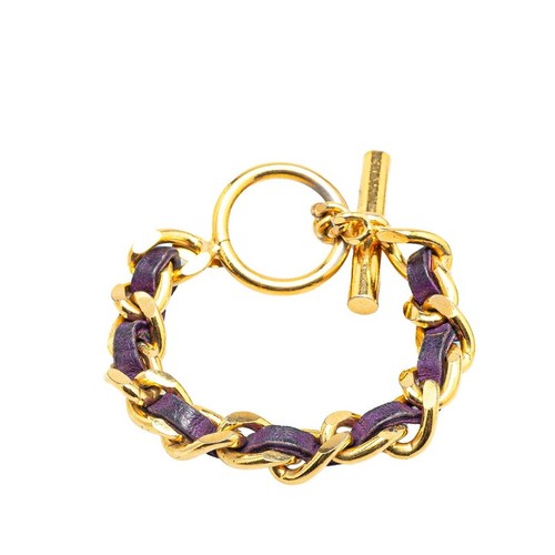 Bracciale Chanel Catena T Bar Oro Viola Pelle Donna AB 7 9in