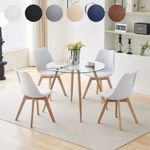 Glass Round Dining Table Set with 4 Chairs 90cm Table with Beech Colour Legs - Picture 1 of 93