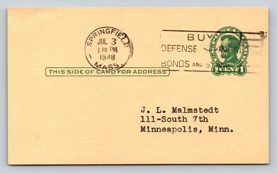 1917 UX28 US Postal Card Lincoln 1c Box Cancel G&E Stamp Co Springfield MA ~3x5" - Image 1 of 3