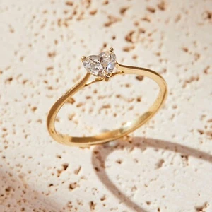 14K Yellow Gold Petite Ring 0.50ct Heart Cut Lab Grown Diamond For Womens - Picture 1 of 10