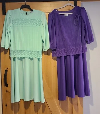 Lot of 2 Vtg Women's 18 Secretary Crinkled Lace Pleated Midi Purple Green Granny - Image 1 of 4