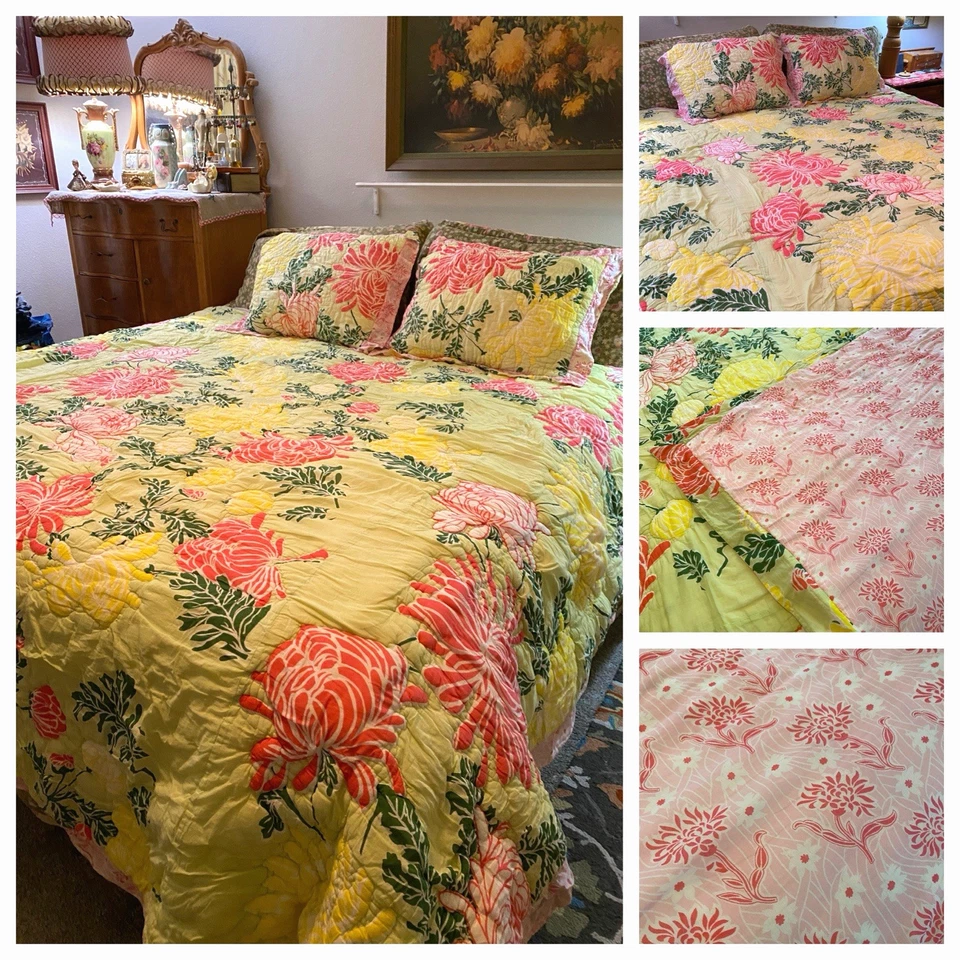 ANTHROPOLGIE CHRYSANTHEMUM HOT HOUSE QUILTED COTTON COMFORTER & SHAMS ~ QUEEN - Image 1 of 4