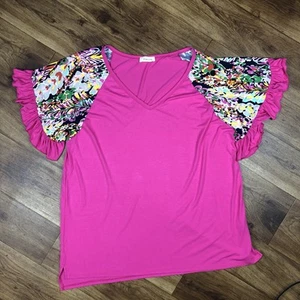 Beeson River Women Plus Sz 2X Pink Stretch Blouse Colorful Flutter Sleeves - Picture 1 of 8